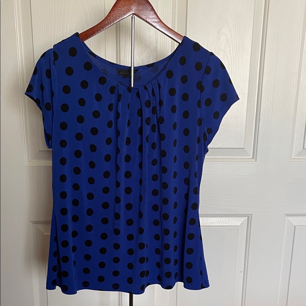 Worthington Royal Blue Blouse with Black Polka Dots